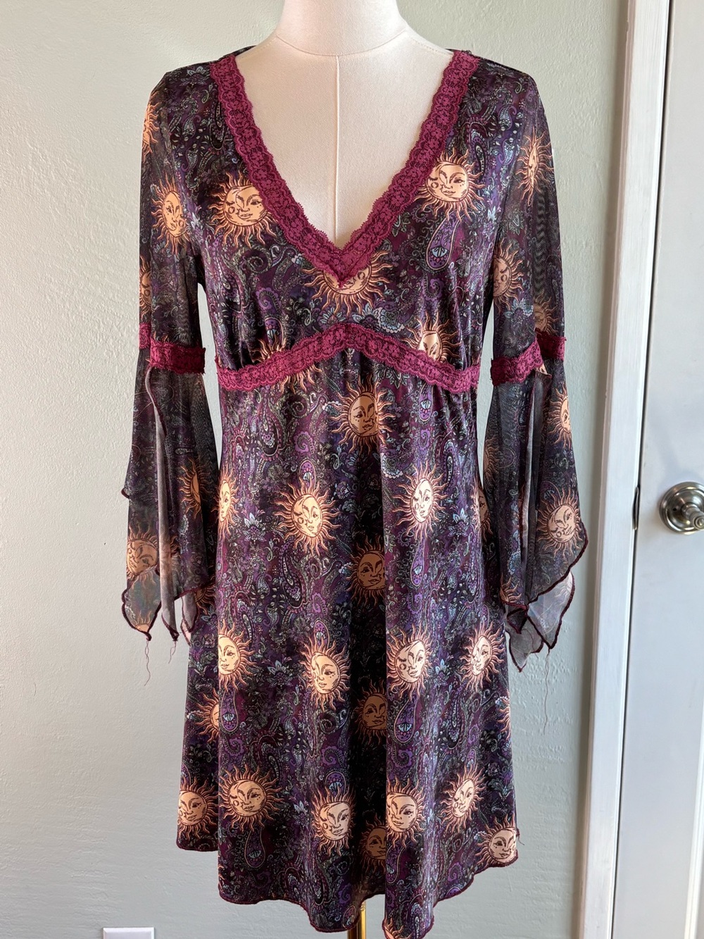 Bundle 2/$30! Celestial Festival Mesh Plum Sun Print V-Neck Lace Trim Dress